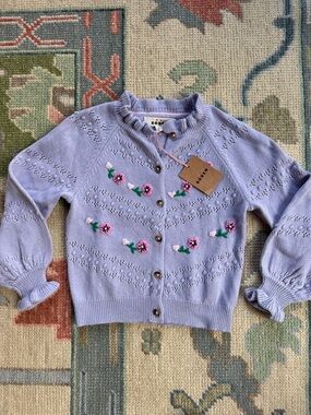 NWT Mini Boden Lavender Knit Cardigan with Pink & Green Floral Embroidery